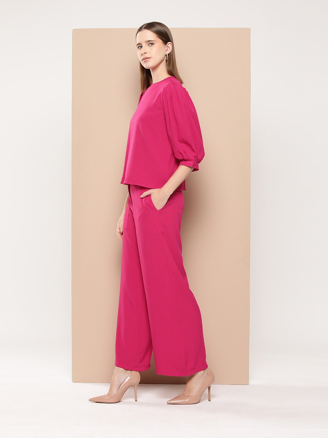 

her by invictus Puff-Sleeves Top & Flared Trousers Co-ords, Pink