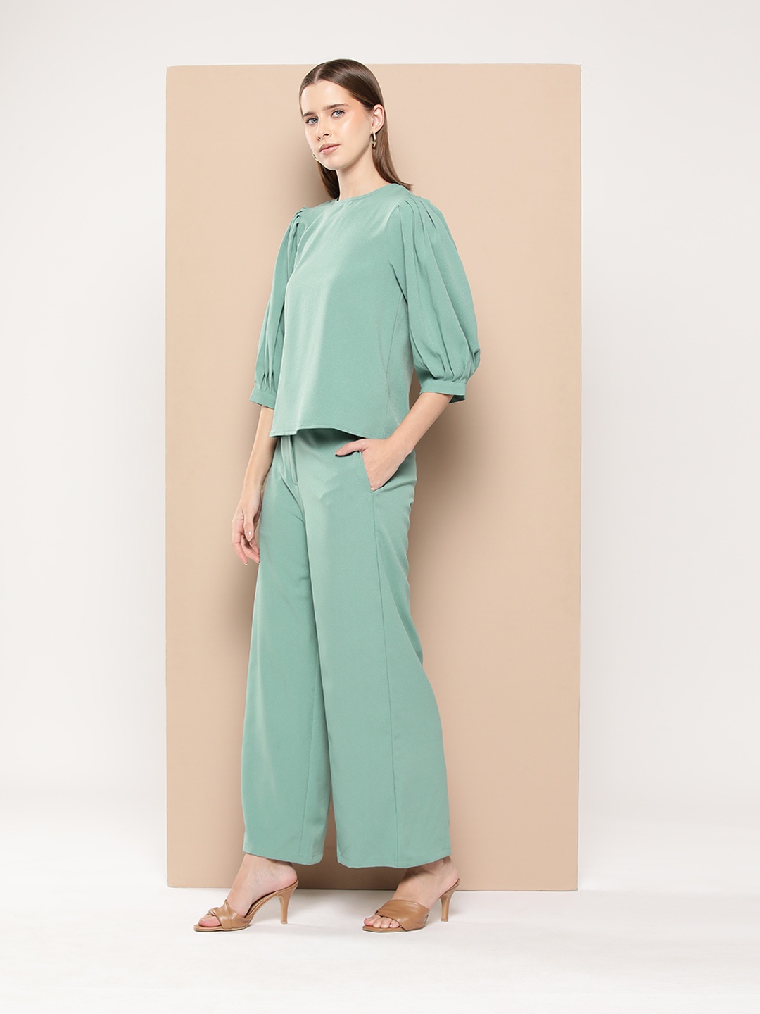 

her by invictus Puff-Sleeves Top & Flared Trousers Co-ords, Sea green