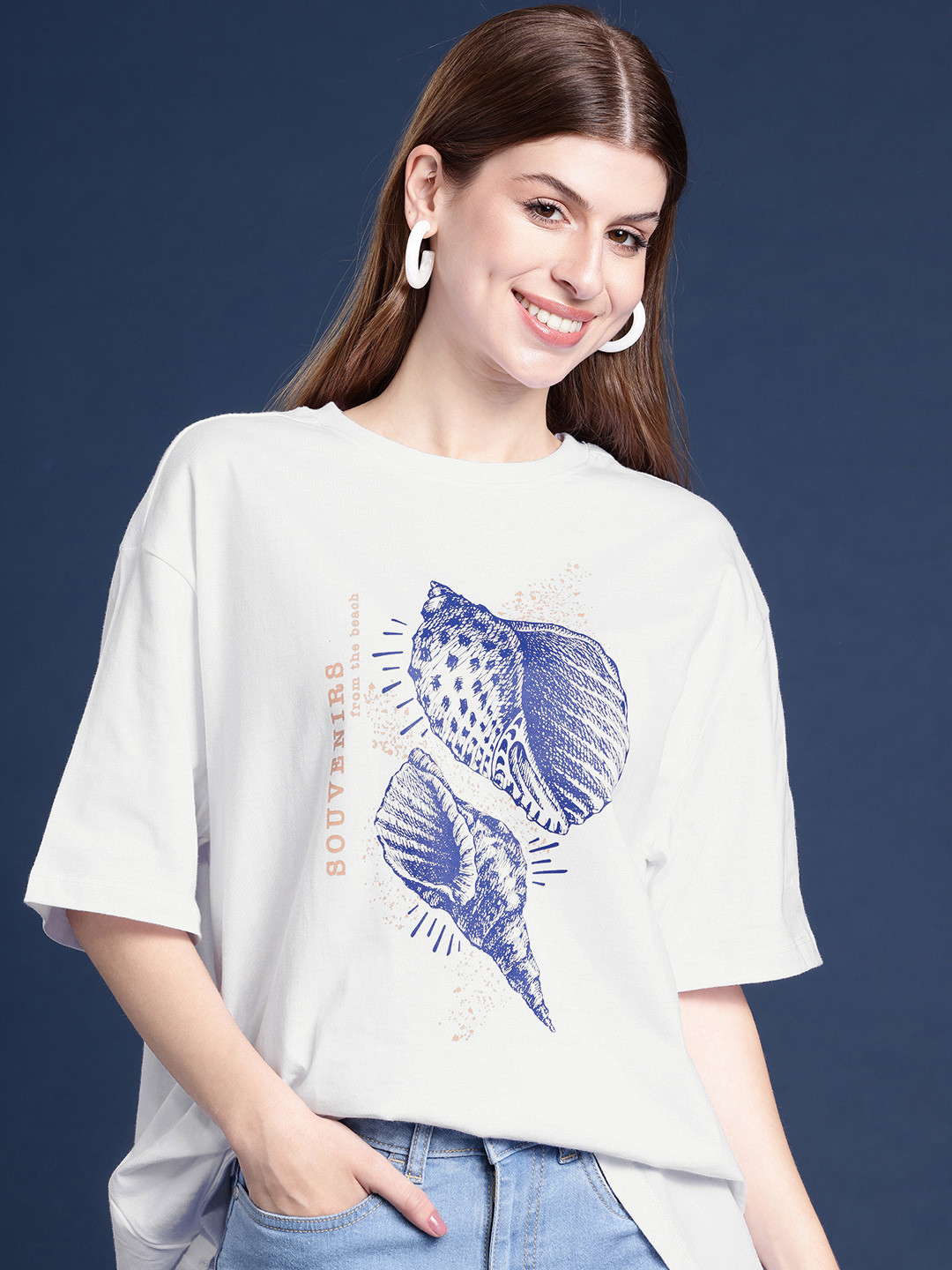 

Mast & Harbour Printed Drop-Shoulder Sleeves Pure Cotton T-shirt, White