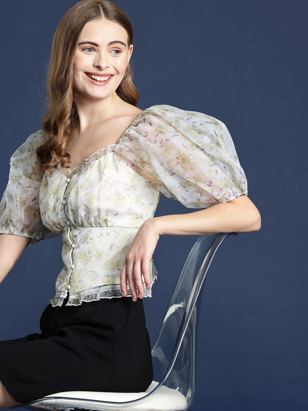 

Mast & Harbour Floral Print Sweetheart Neck Puff Sleeve Top, Off white