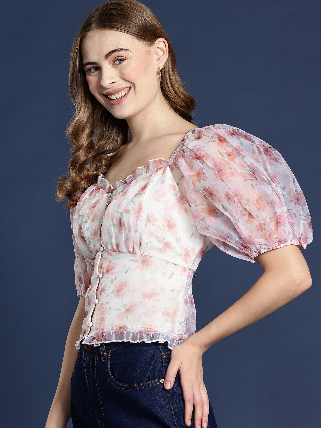 

Mast & Harbour Off White Floral Print Puff Sleeve Net Top