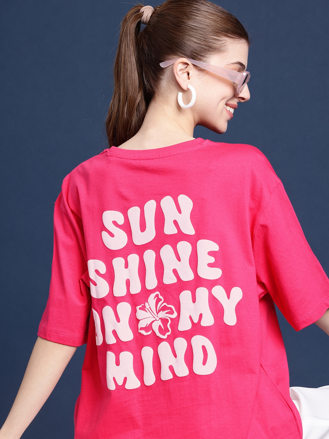 

Mast & Harbour Printed Drop-Shoulder Sleeves Pure Cotton T-shirt, Pink