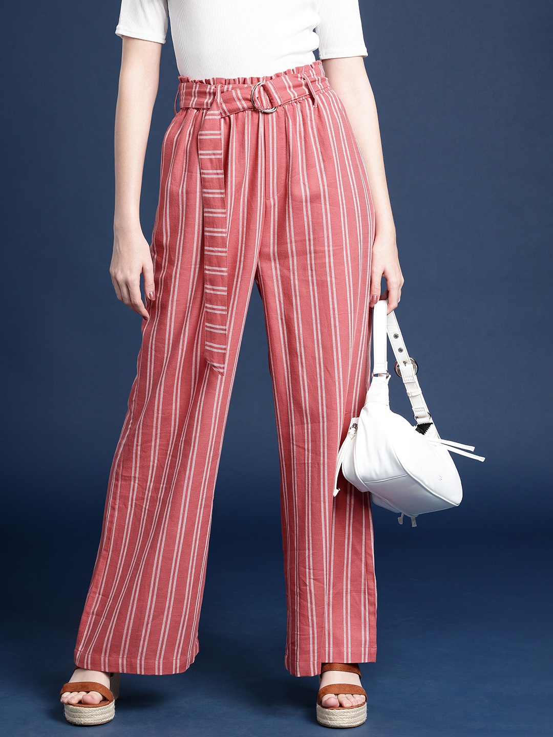 

Mast & Harbour Women Pure Cotton Striped Casual Trousers, Rose