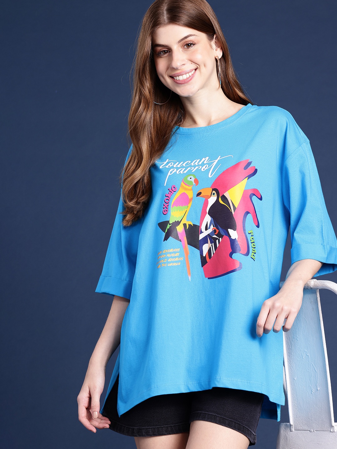 

Mast & Harbour Printed Drop-Shoulder Sleeves Pure Cotton Oversized T-shirt, Blue