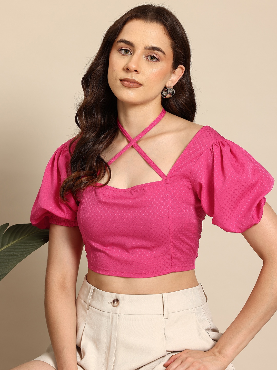 

Mast & Harbour Square Neck Puff Sleeve Smocked Crop Top, Pink