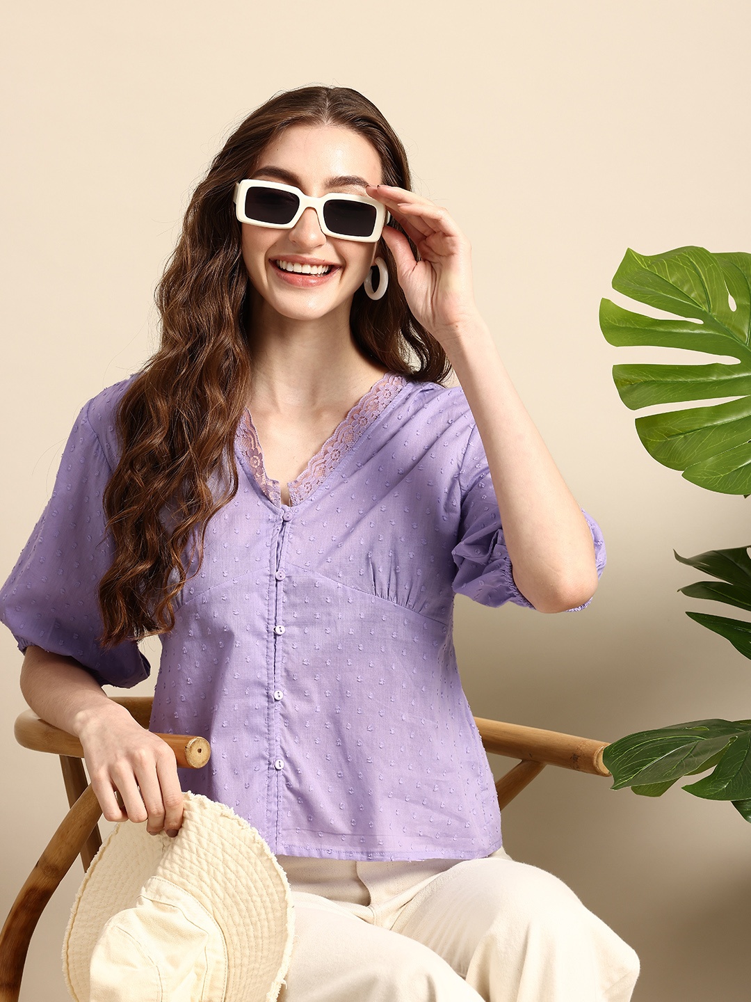 

Mast & Harbour Puff Sleeve Pure Cotton Dobby Shirt Style Top, Lavender