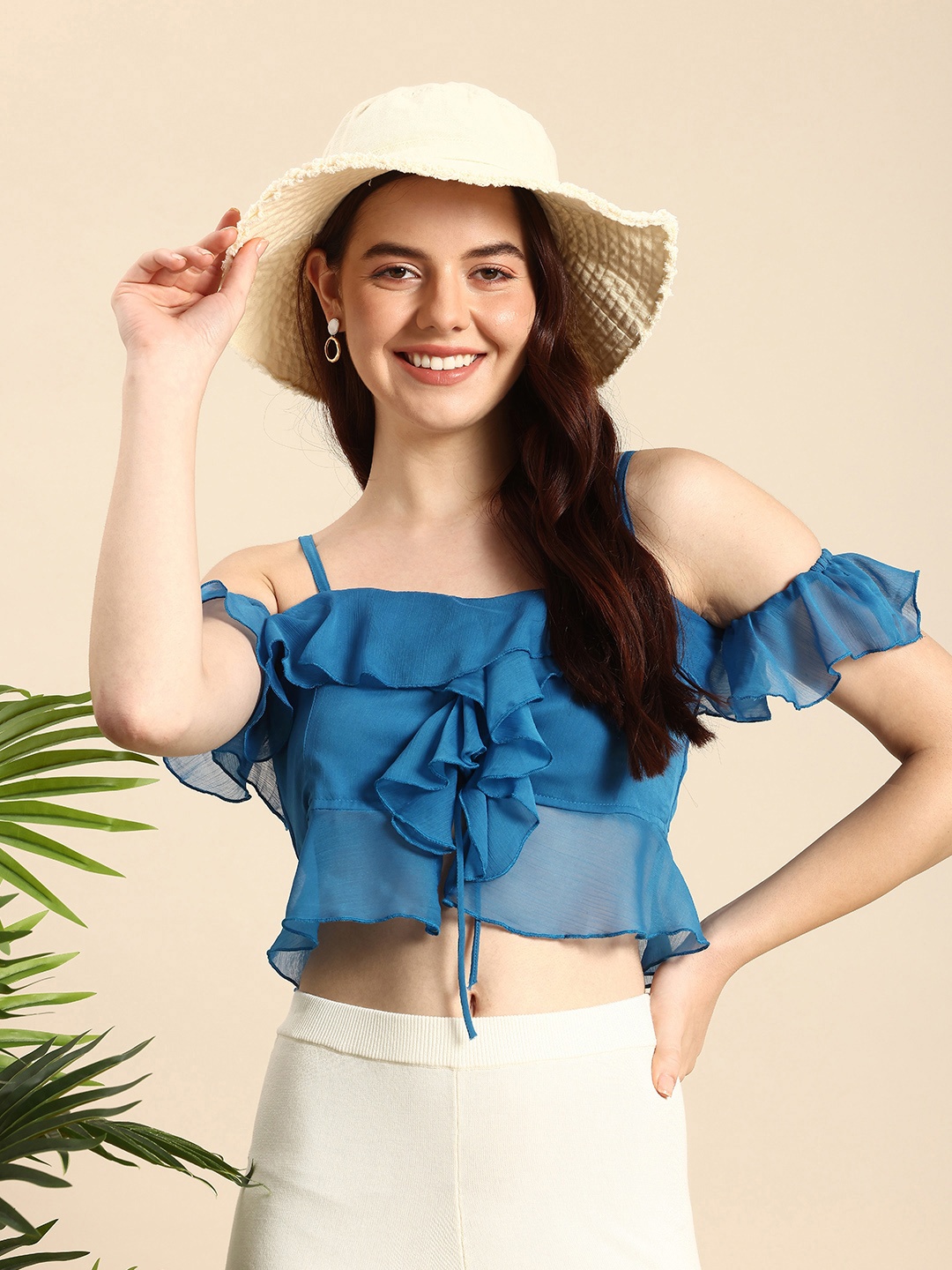 

Mast & Harbour Cold-Shoulder Ruffles Tie-Up Crop Top, Blue