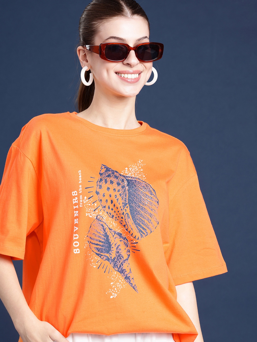 

Mast & Harbour Pure Cotton Graphic Printed Drop-Shoulder Sleeves Oversized T-shirt, Orange