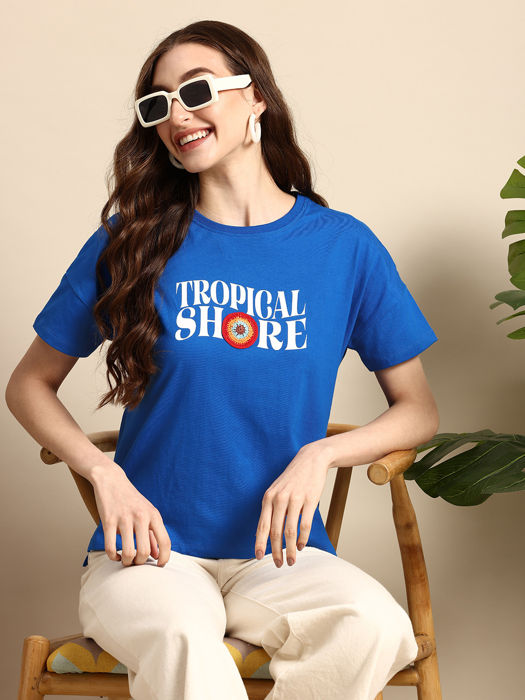 

Mast & Harbour Typography Printed Drop-Shoulder Sleeves Pure Cotton T-shirt, Blue