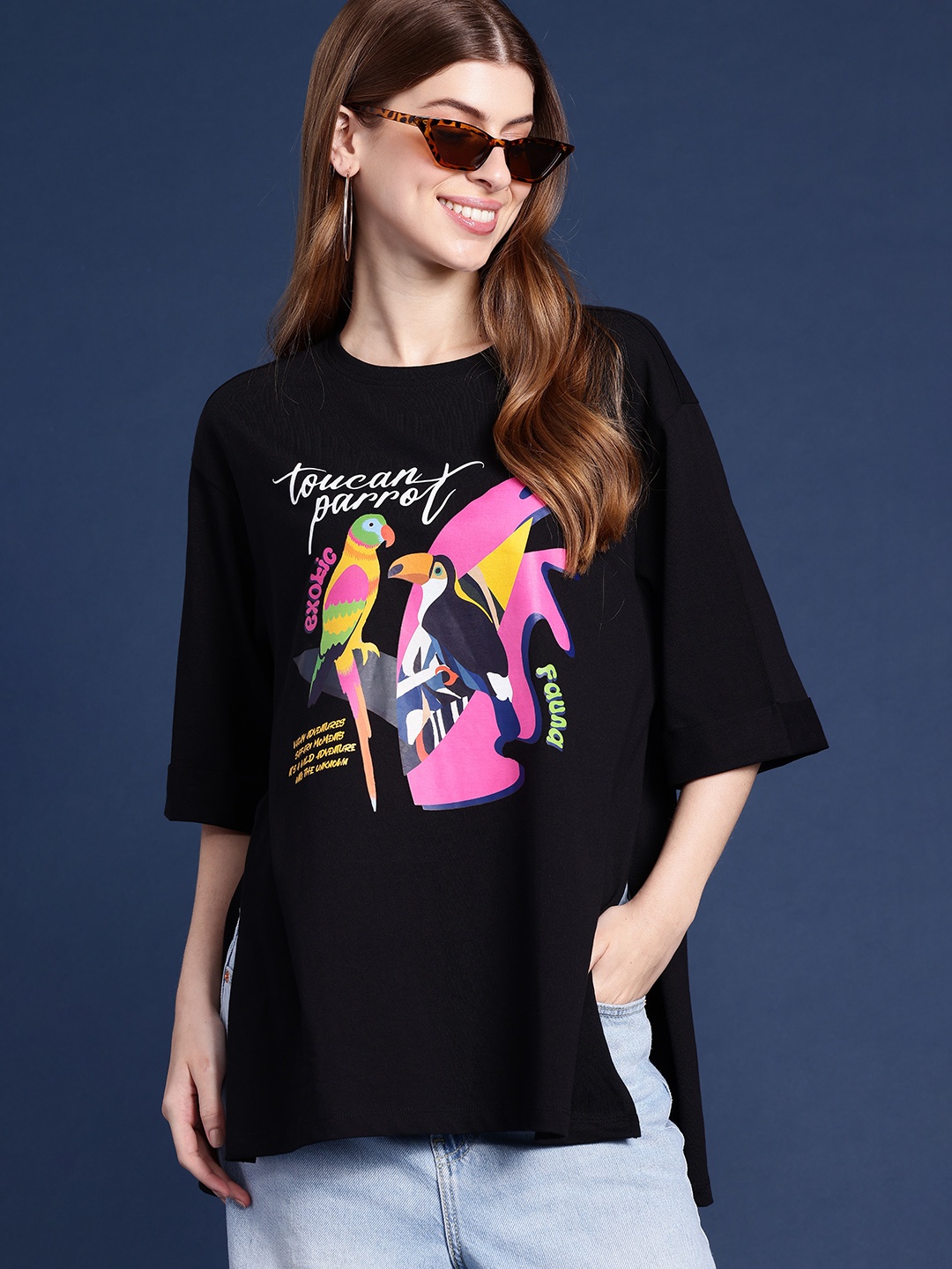

Mast & Harbour Printed Drop-Shoulder Sleeves Pure Cotton Oversized T-shirt, Black