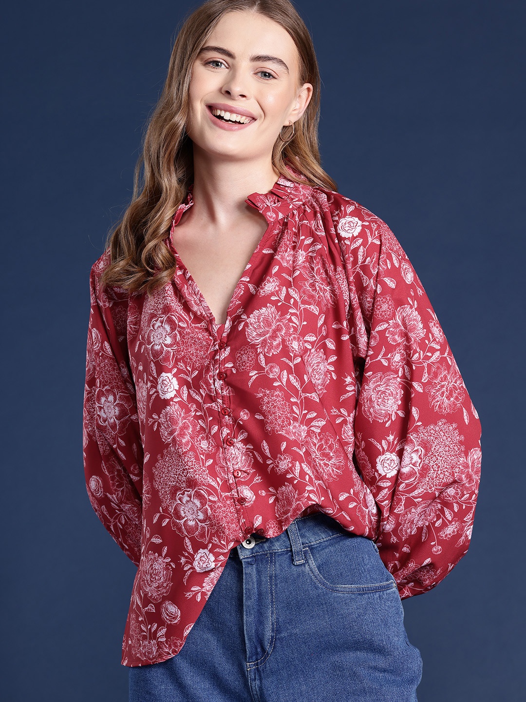 

Mast & Harbour Floral Print Mandarin Collar Puff Sleeves Shirt Style Top, Red
