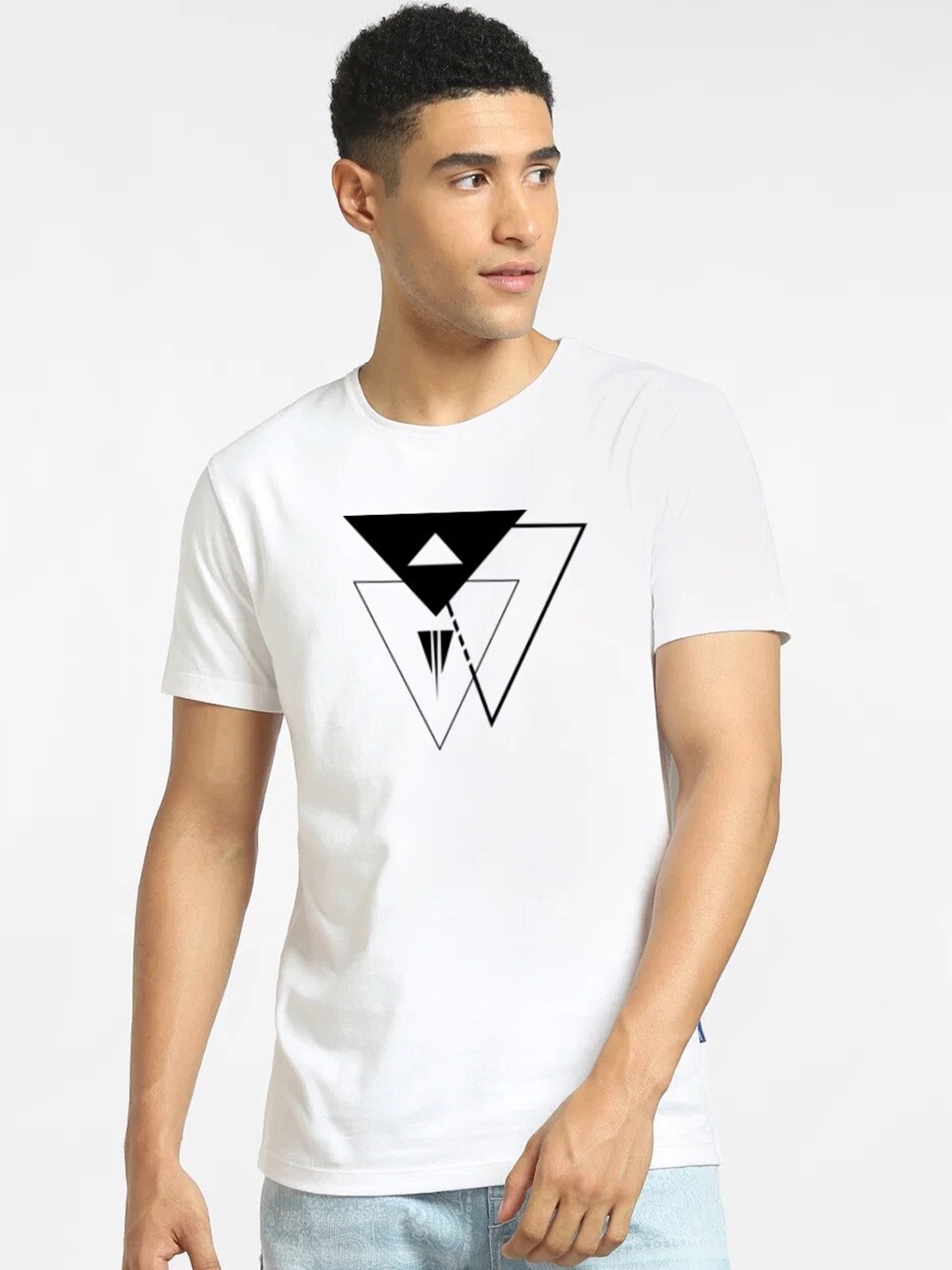 

Elibolz Geometric Printed Cotton Casual T-shirt, White