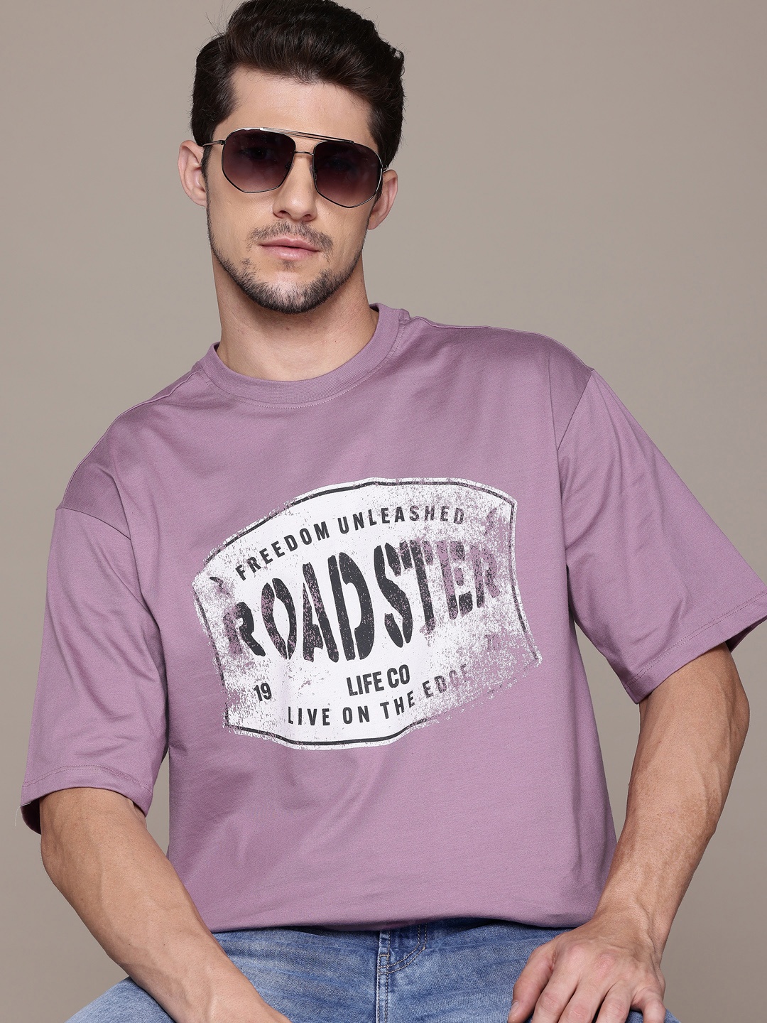 

The Roadster Lifestyle Co. Printed Drop-Shoulder Sleeves Pure Cotton Relaxed T-shirt, Purple