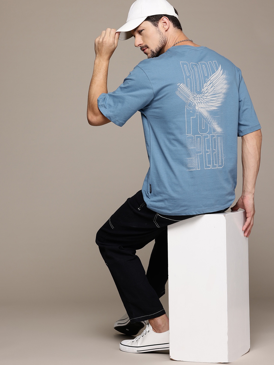 

The Roadster Lifestyle Co. Printed Drop-Shoulder Sleeves Pure Cotton Relaxed T-shirt, Blue