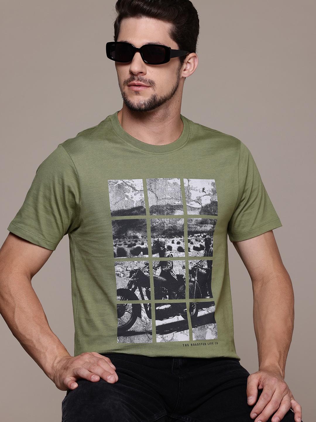 

The Roadster Lifestyle Co. Printed Pure Cotton T-shirt, Olive