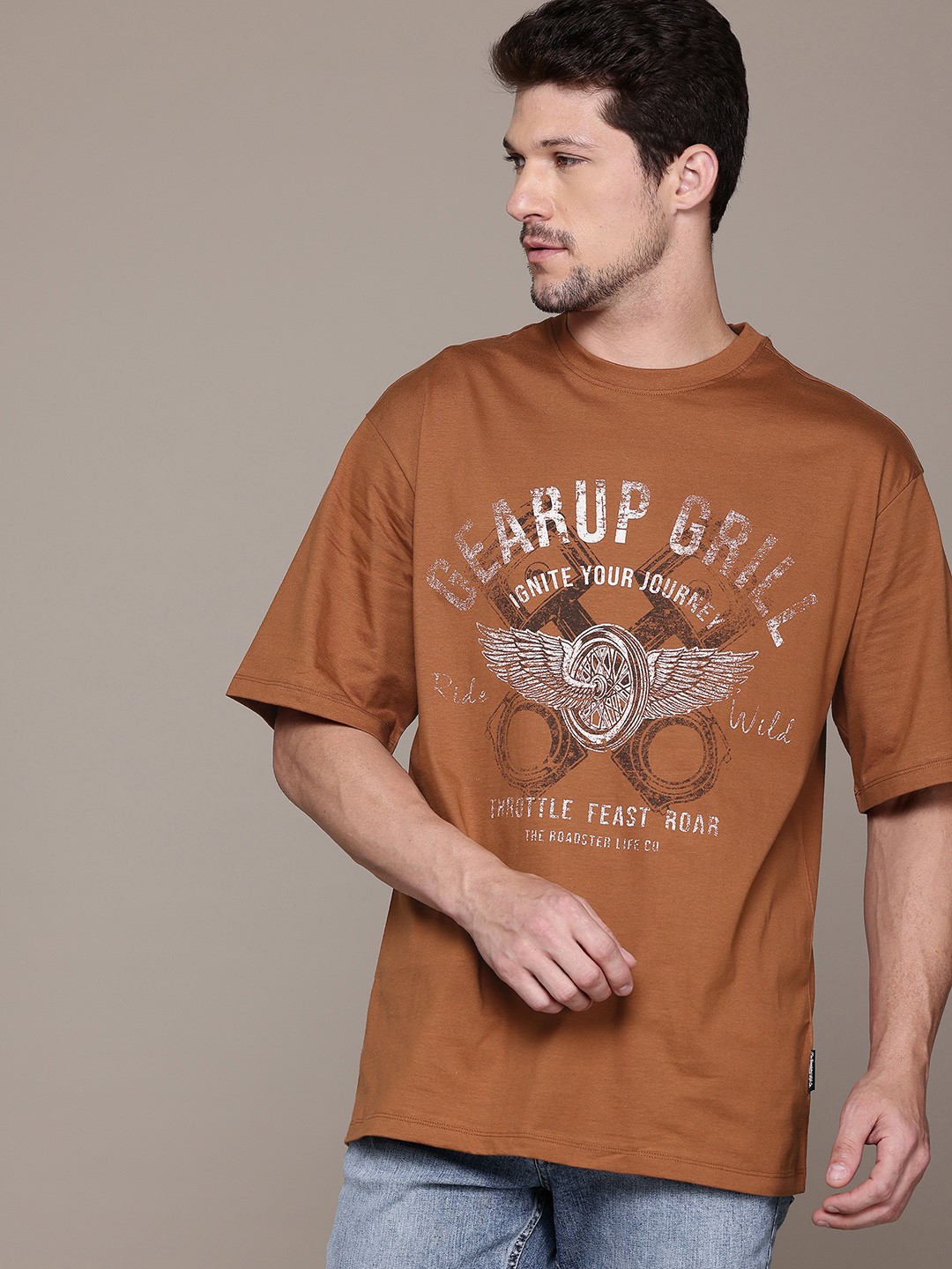 

The Roadster Lifestyle Co. Graphic Printed Pure Cotton T-shirt, Brown