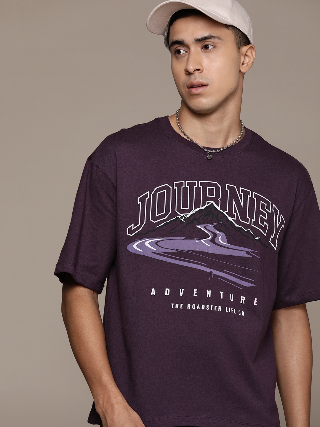 

The Roadster Lifestyle Co. Printed Drop-Shoulder Sleeves Pure Cotton Relaxed T-shirt, Purple