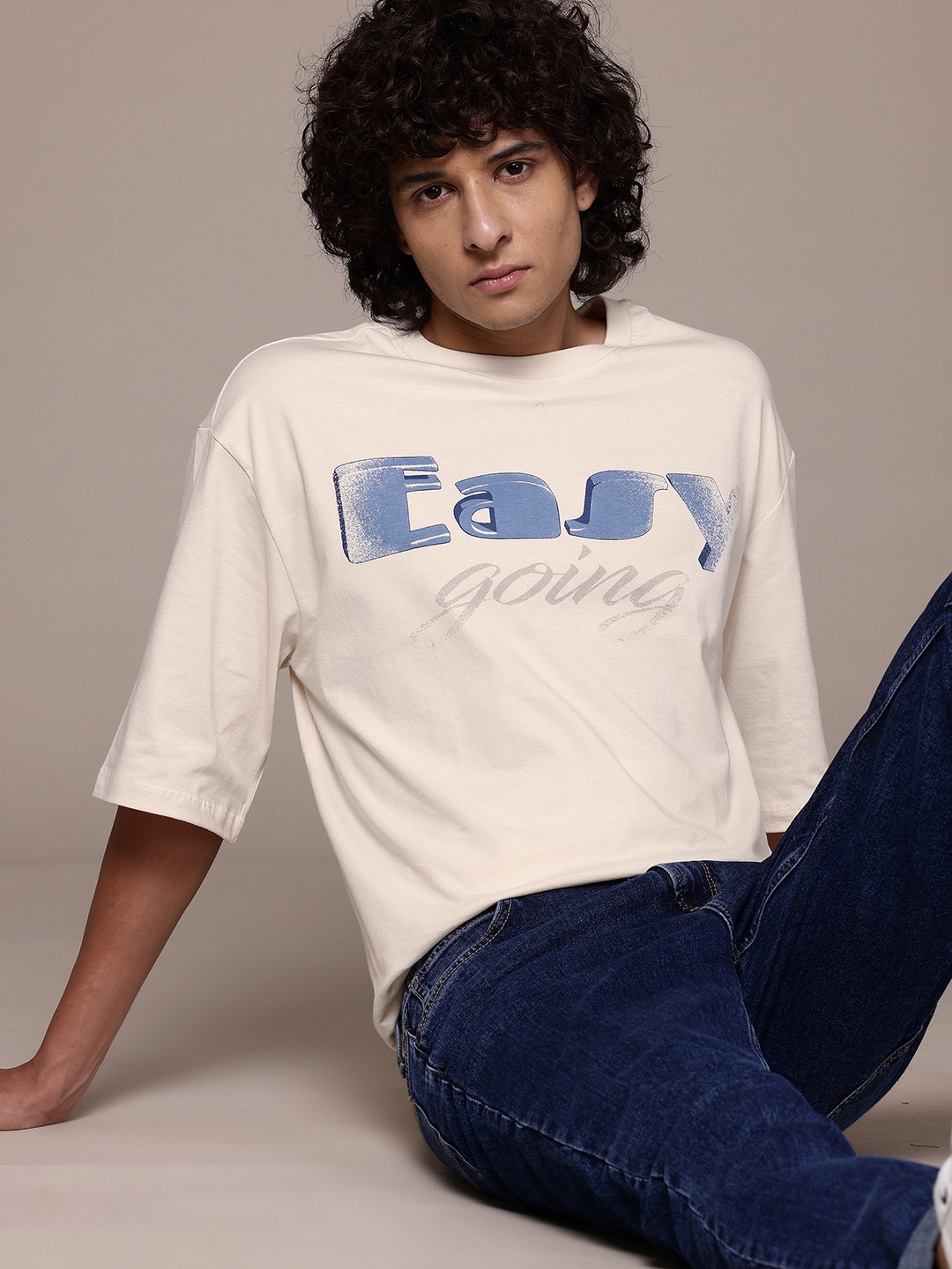 

Roadster Men Typography Printed Drop-Shoulder Sleeves Pure Cotton T-shirt, Cream