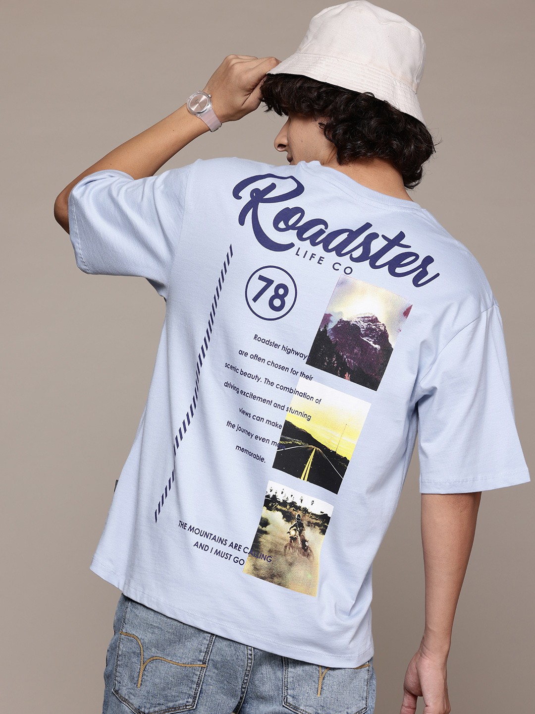 

The Roadster Lifestyle Co. Printed Drop-Shoulder Sleeves Pure Cotton Relaxed T-shirt, Blue