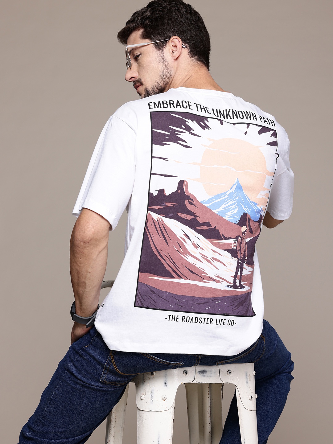 

The Roadster Lifestyle Co. Printed Drop-Shoulder Sleeves Pure Cotton Relaxed T-shirt, White