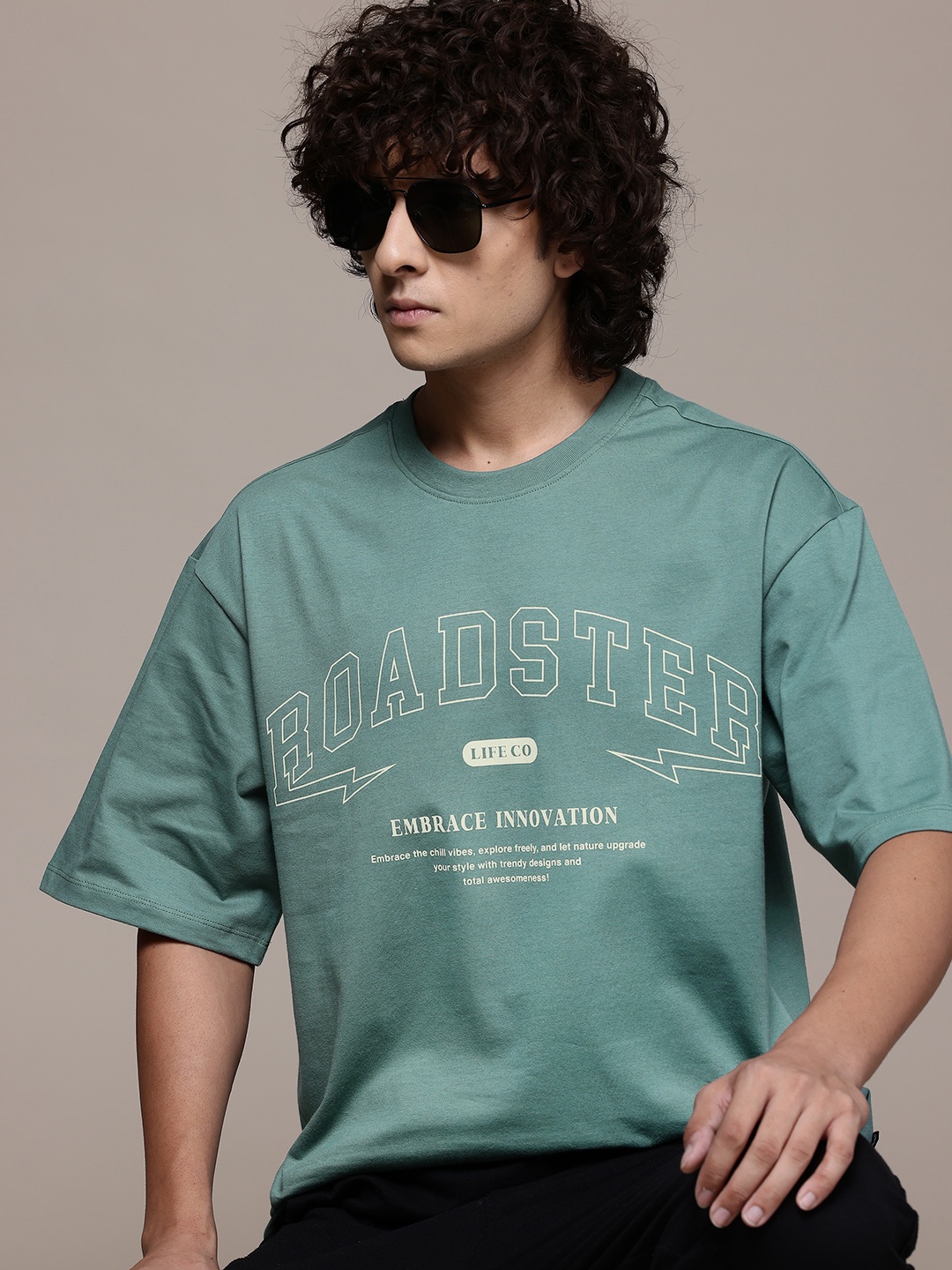 

The Roadster Lifestyle Co. Typography Printed Drop-Shoulder Sleeves Pure Cotton T-shirt, Green