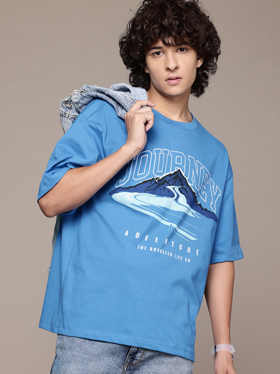 

The Roadster Lifestyle Co. Printed Drop-Shoulder Sleeves Pure Cotton Relaxed T-shirt, Blue