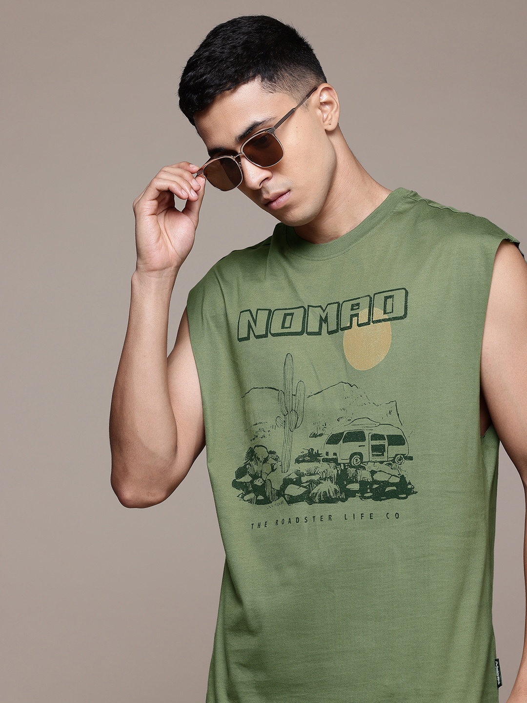 

The Roadster Lifestyle Co. Printed Pure Cotton T-shirt, Olive