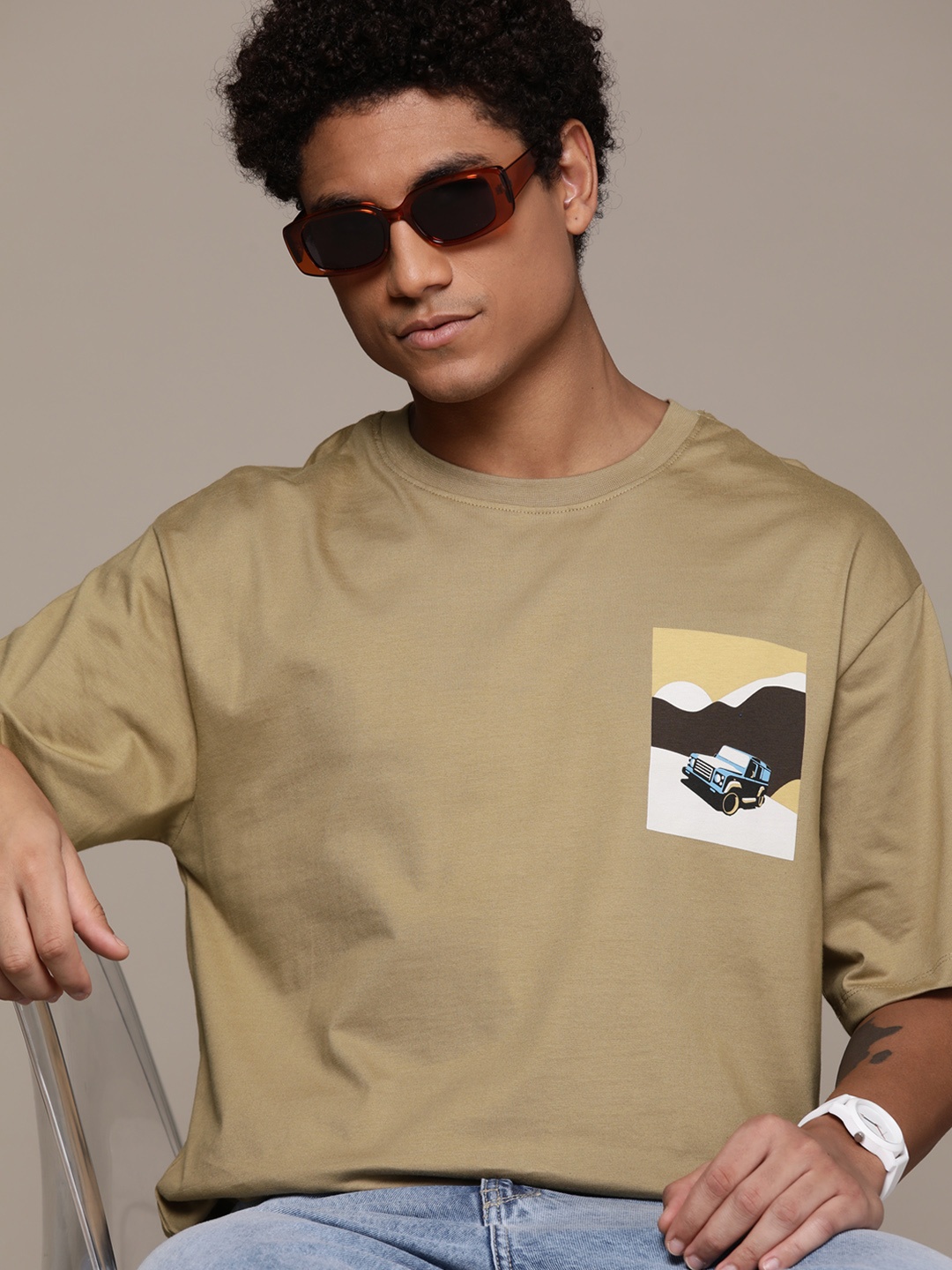 

The Roadster Lifestyle Co. Drop-Shoulder Sleeves Pure Cotton Relaxed T-shirt, Khaki