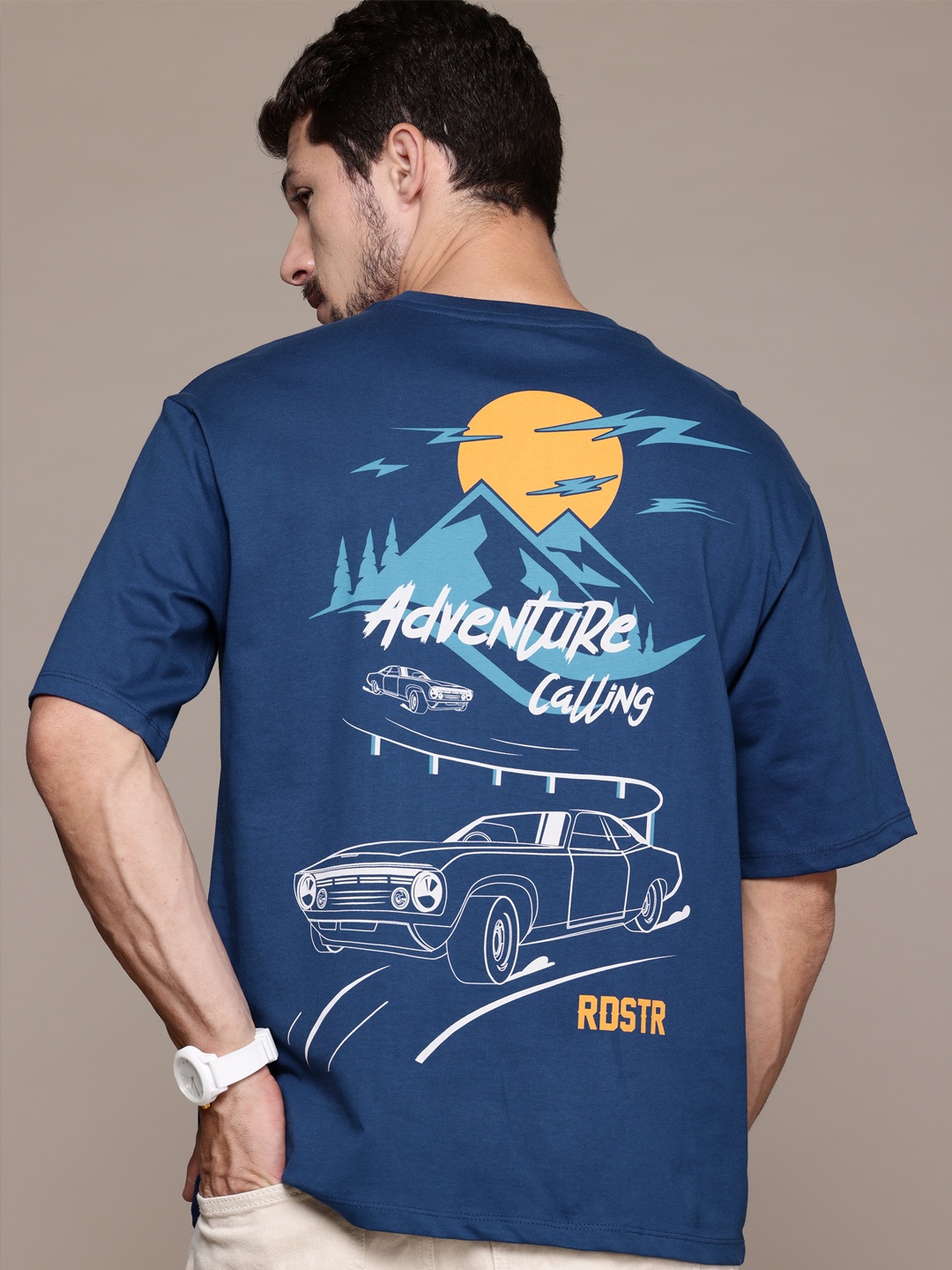

The Roadster Lifestyle Co. Printed Drop-Shoulder Sleeves Pure Cotton Relaxed T-shirt, Blue