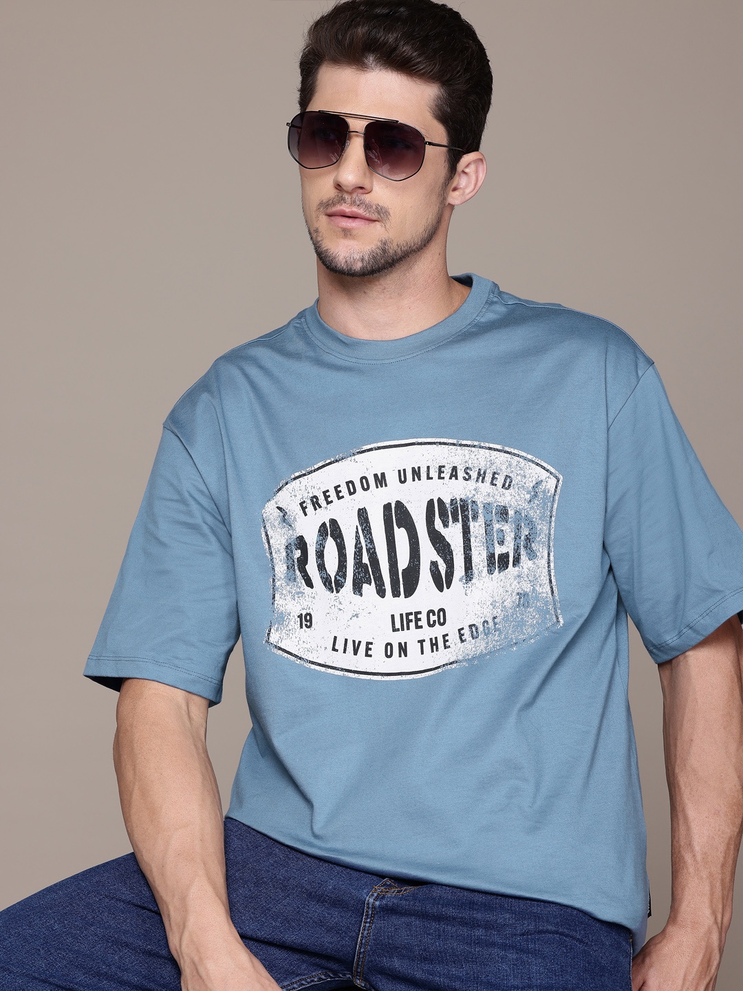 

The Roadster Lifestyle Co. Brand Logo Printed Relaxed Fit Pure Cotton T-shirt, Blue