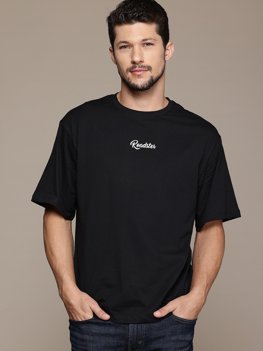 

The Roadster Lifestyle Co. Printed Drop-Shoulder Sleeves Pure Cotton Relaxed T-shirt, Black