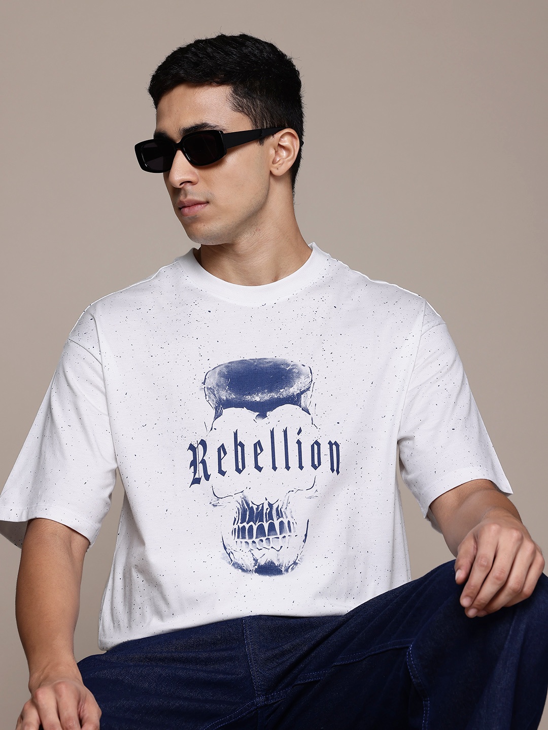

The Roadster Lifestyle Co. Printed Drop-Shoulder Sleeves Pure Cotton T-shirt, White