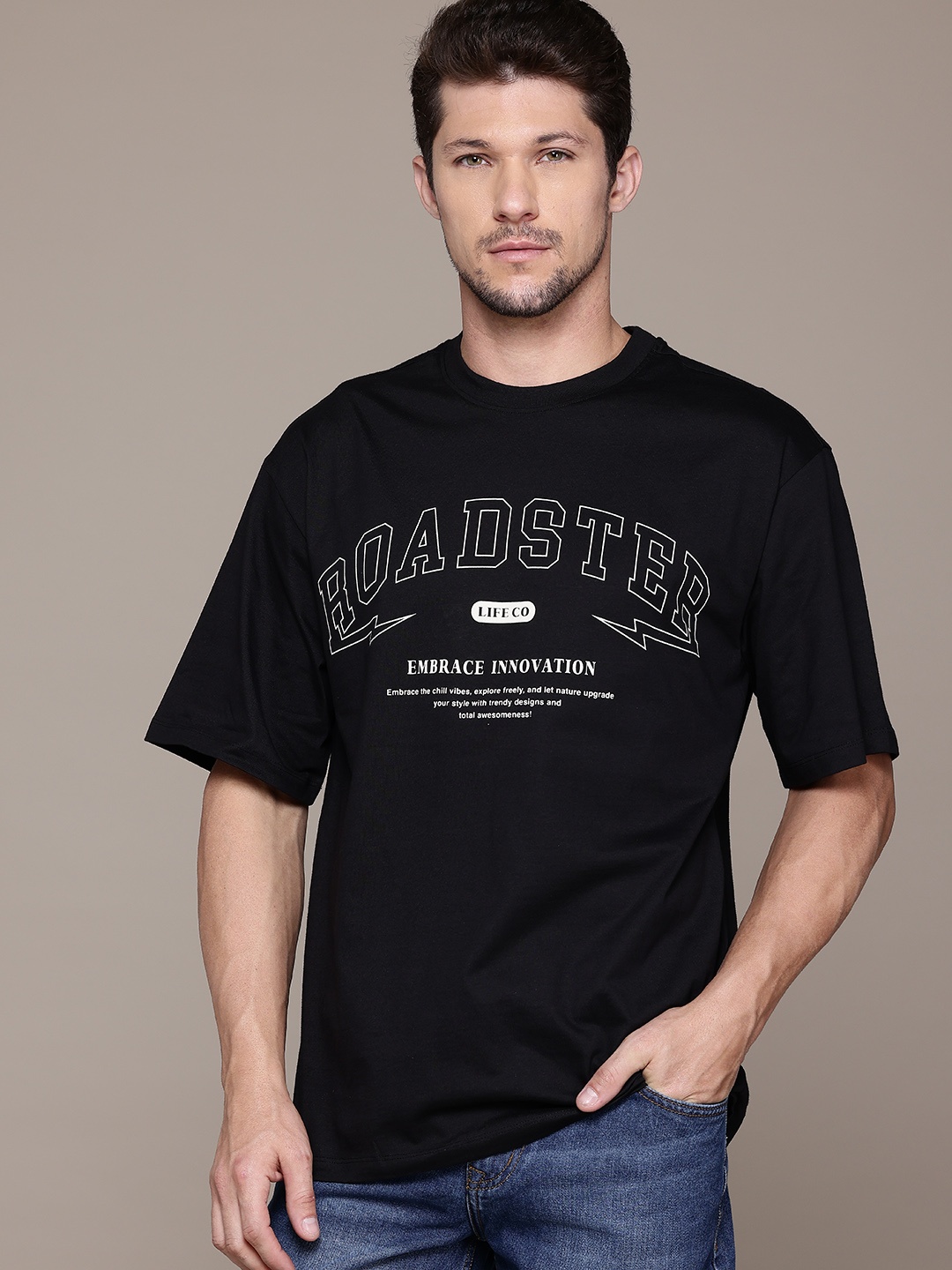 

The Roadster Lifestyle Co. Printed Pure Cotton T-shirt, Black