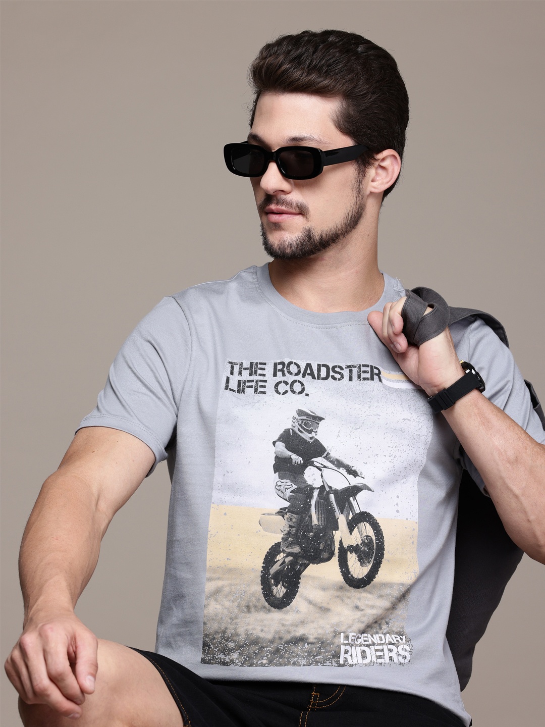 

The Roadster Lifestyle Co. Printed Pure Cotton T-shirt, Grey