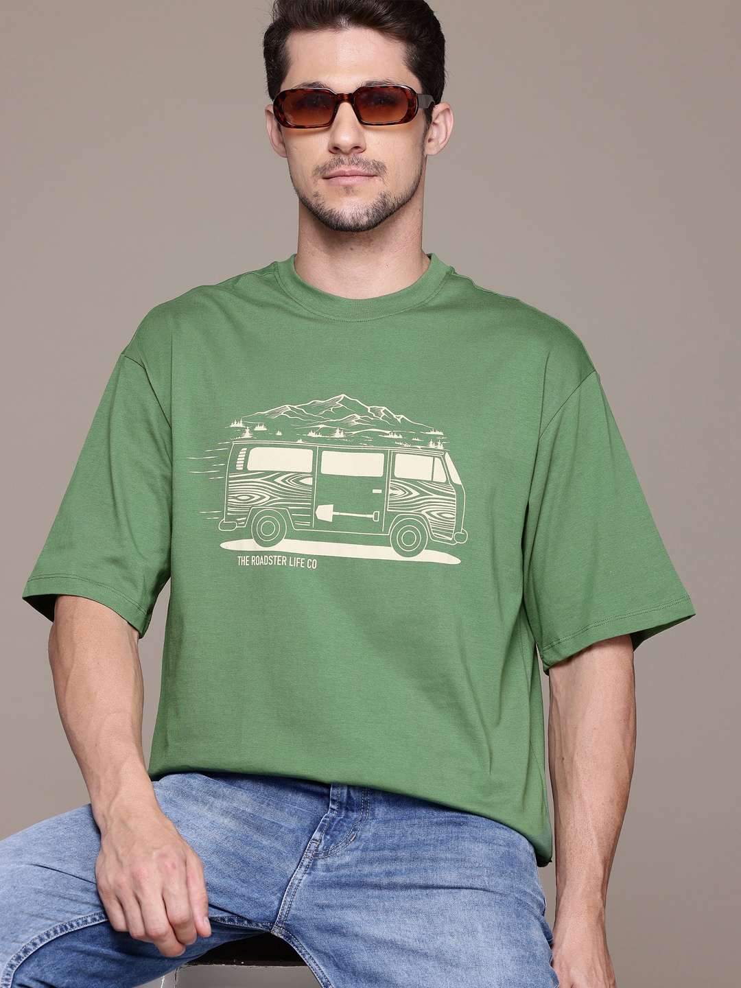 

The Roadster Lifestyle Co. Printed Drop-Shoulder Pure Cotton T-shirt, Green