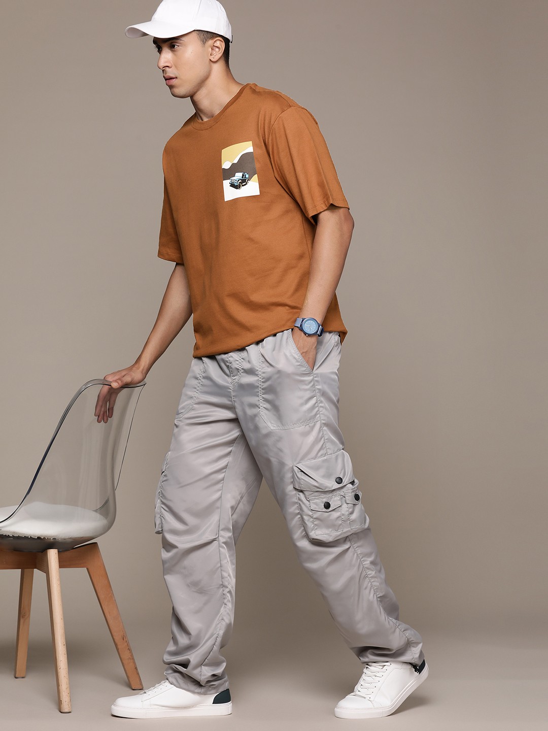 

The Roadster Lifestyle Co. Drop-Shoulder Sleeves Pure Cotton Relaxed T-shirt, Rust