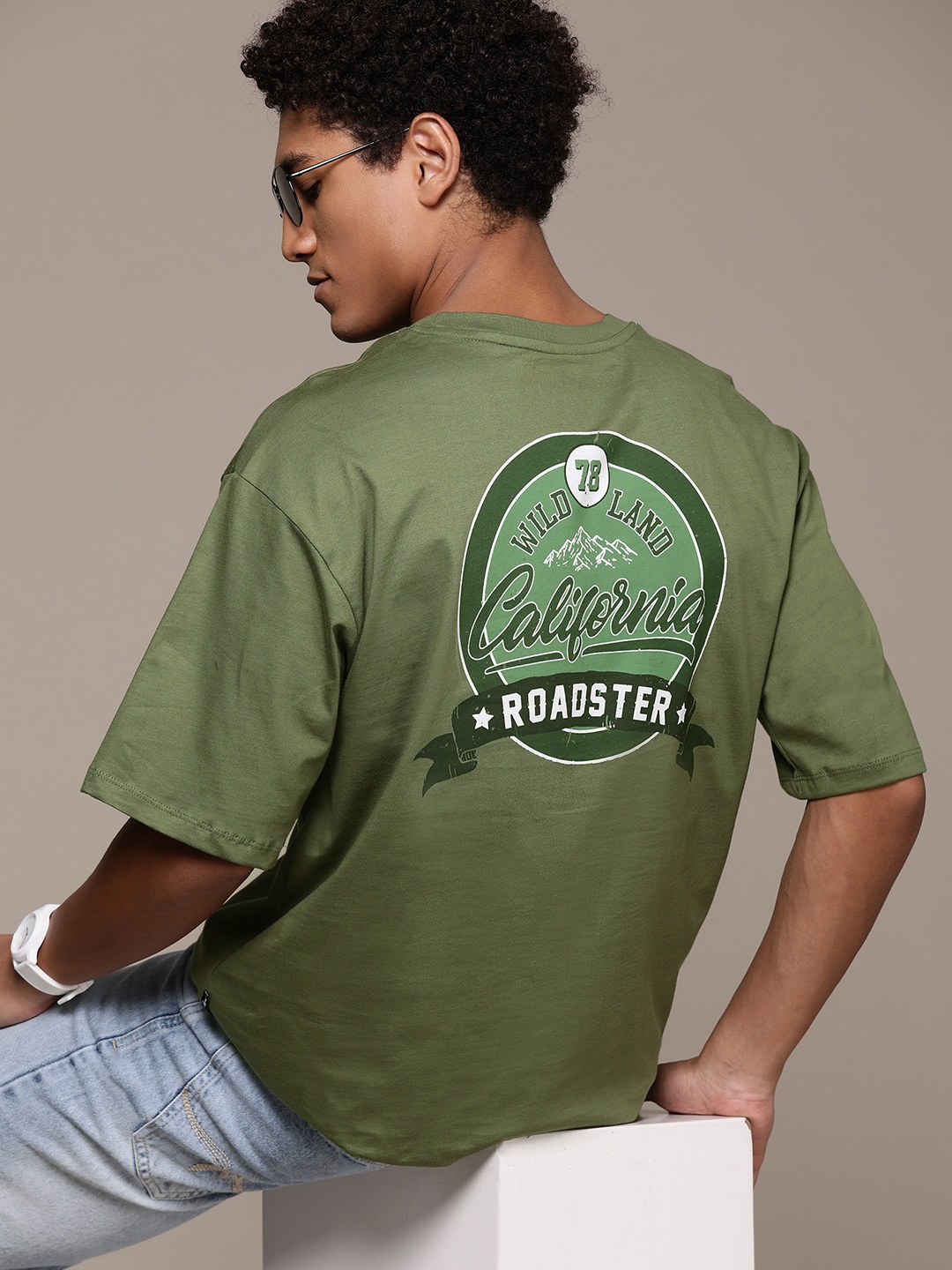 

The Roadster Lifestyle Co. Printed Drop-Shoulder Sleeves Pure Cotton T-shirt, Green