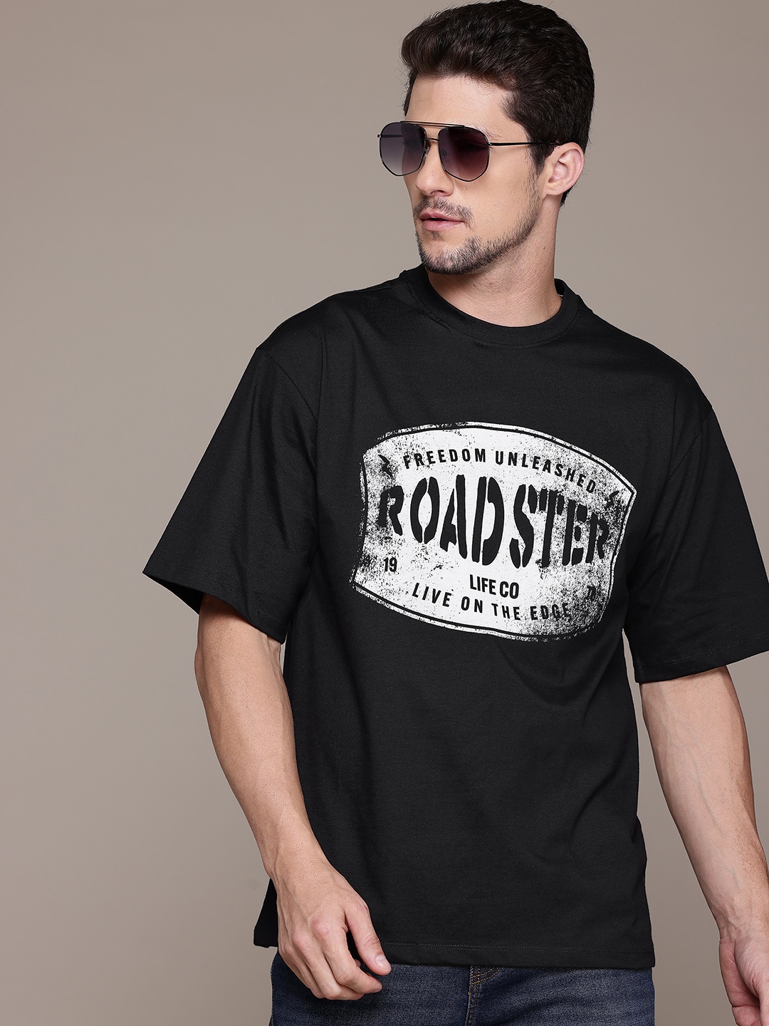 

The Roadster Lifestyle Co. Typography Printed Drop-Shoulder Sleeves Pure Cotton T-shirt, Black