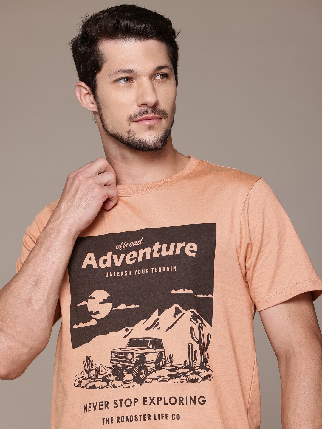 

The Roadster Lifestyle Co. Men Typography Printed Pure Cotton T-shirt, Peach