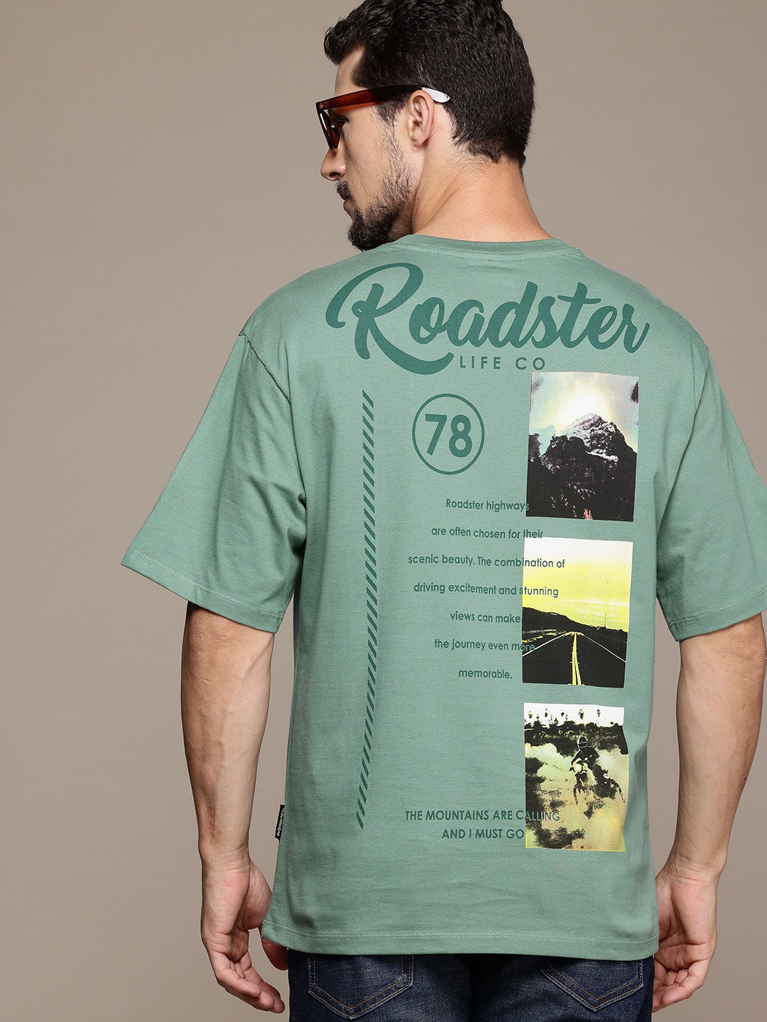 

The Roadster Lifestyle Co. Printed Drop-Shoulder Sleeves Pure Cotton Relaxed T-shirt, Sea green