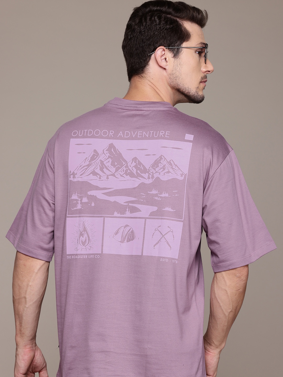 

The Roadster Lifestyle Co. Printed Drop-Shoulder Sleeves Pure Cotton T-shirt, Mauve