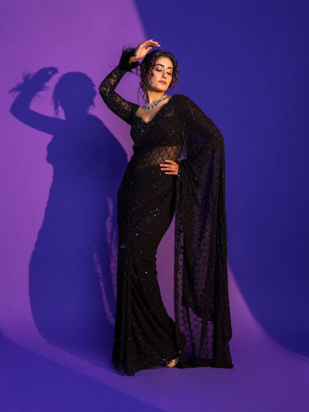 

FABIAN FASHION Black Embellished Sequinned Net Saree
