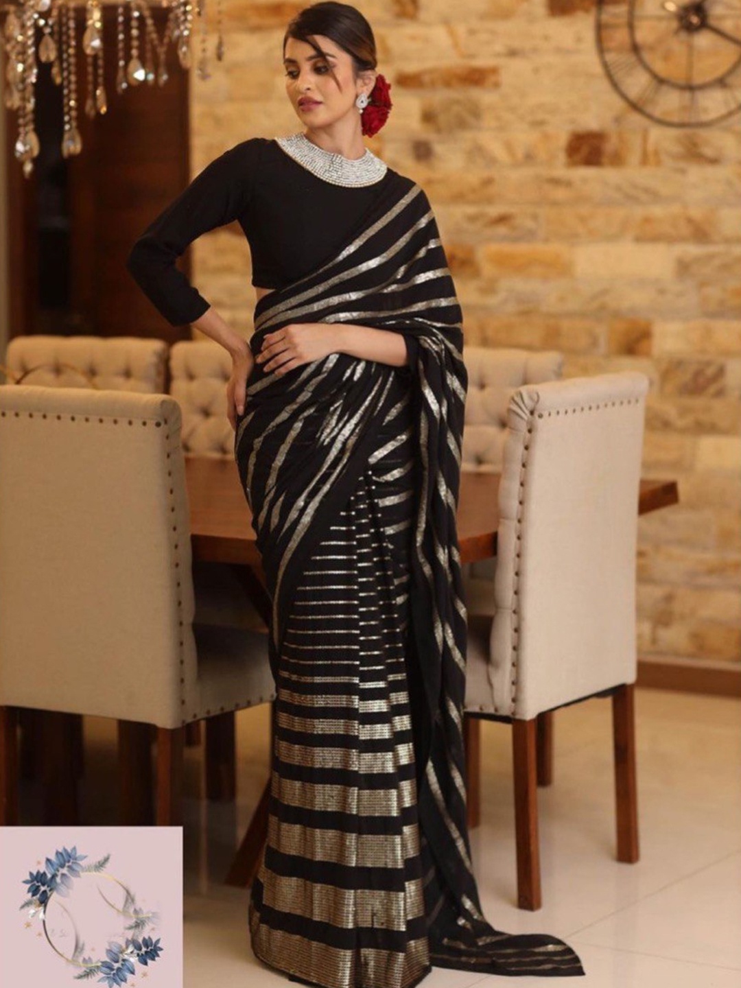 

FABIAN FASHION Black & GoldToned Embellished Sequinned Pure Georgette Saree