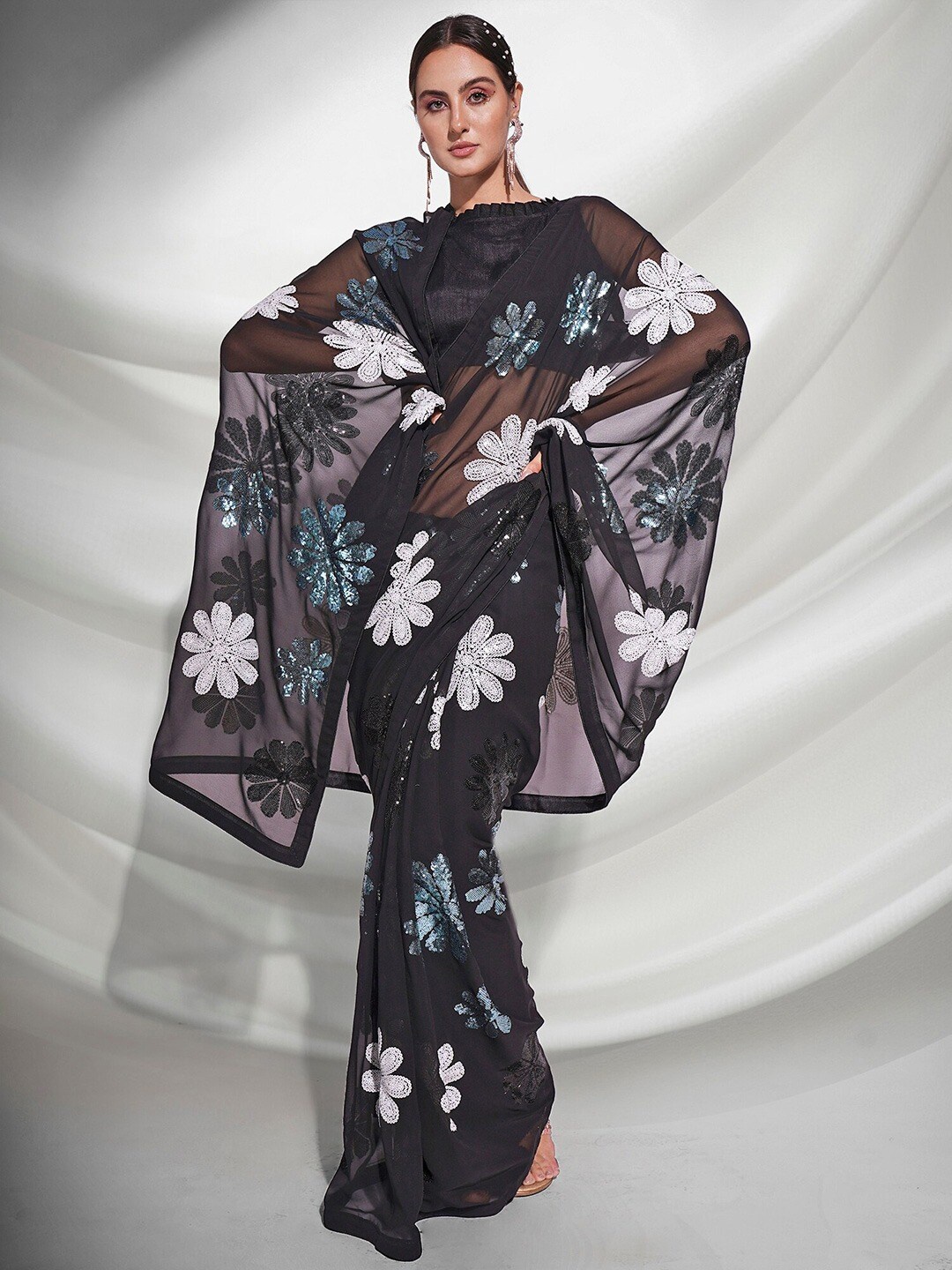 

FABIAN FASHION Black & White Embellished Sequinned Pure Georgette Saree