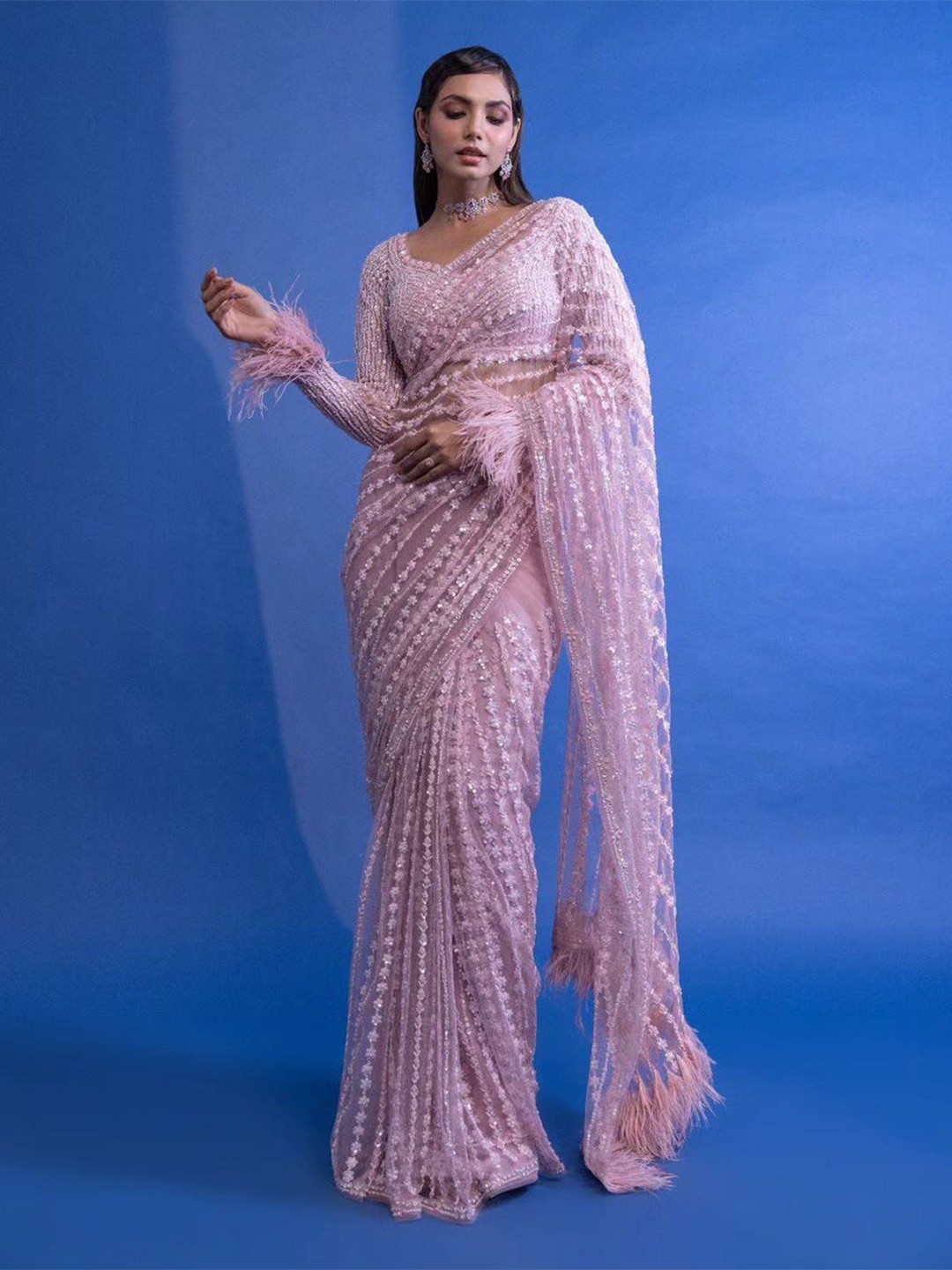 

FABIAN FASHION Pink Embellished Sequinned Net Saree