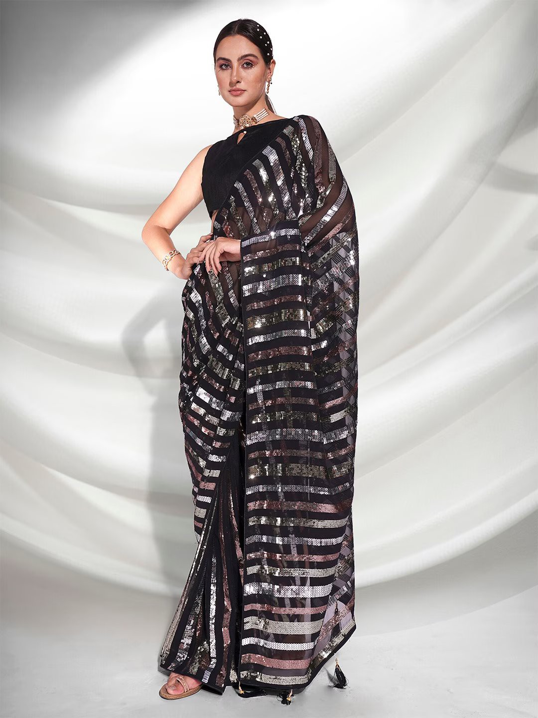

FABIAN FASHION Brown & GoldToned Embellished Sequinned Pure Georgette Saree