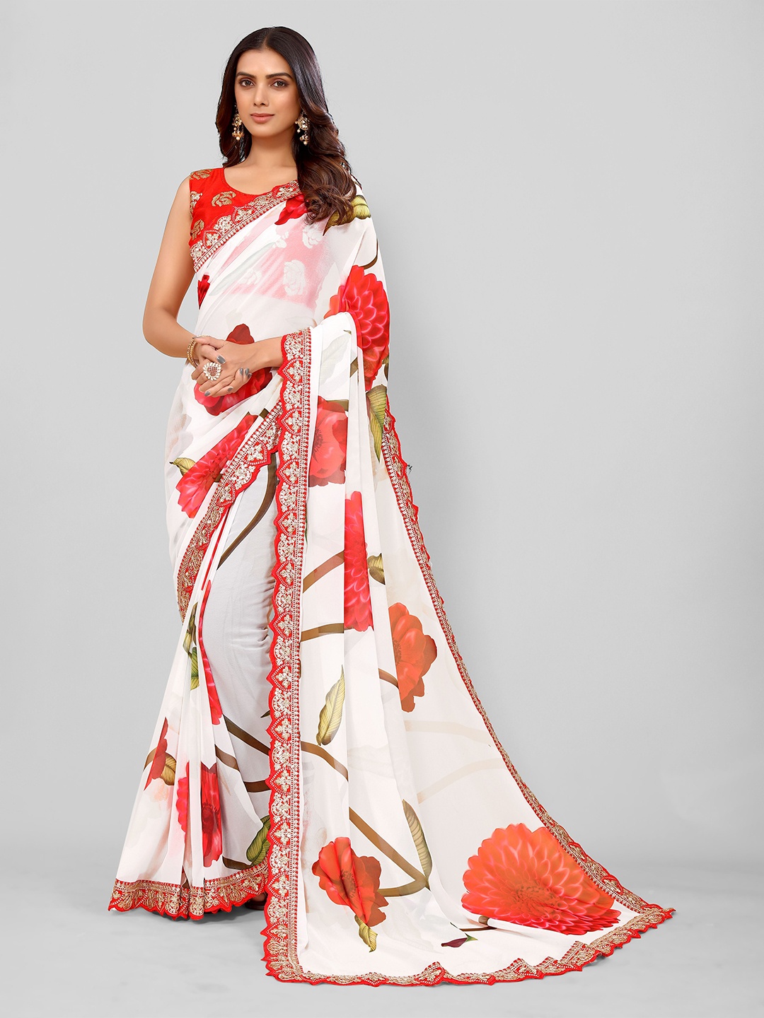 

FABIAN FASHION White & Red Floral Embroidered Pure Georgette Saree
