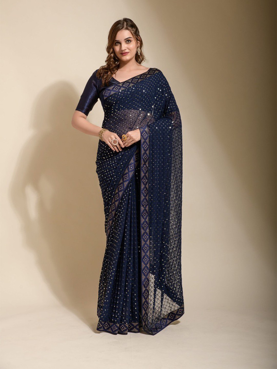 

FABIAN FASHION Navy Blue Embellished Sequinned Pure Georgette Saree