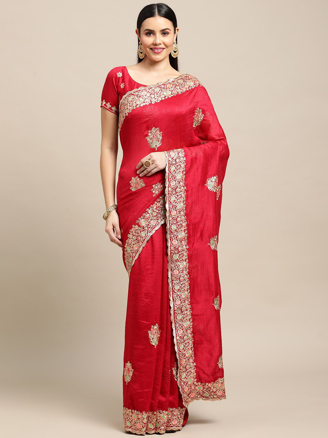 

Warthy Ent Ethnic Motifs Embroidered Heavy Work Saree, Pink