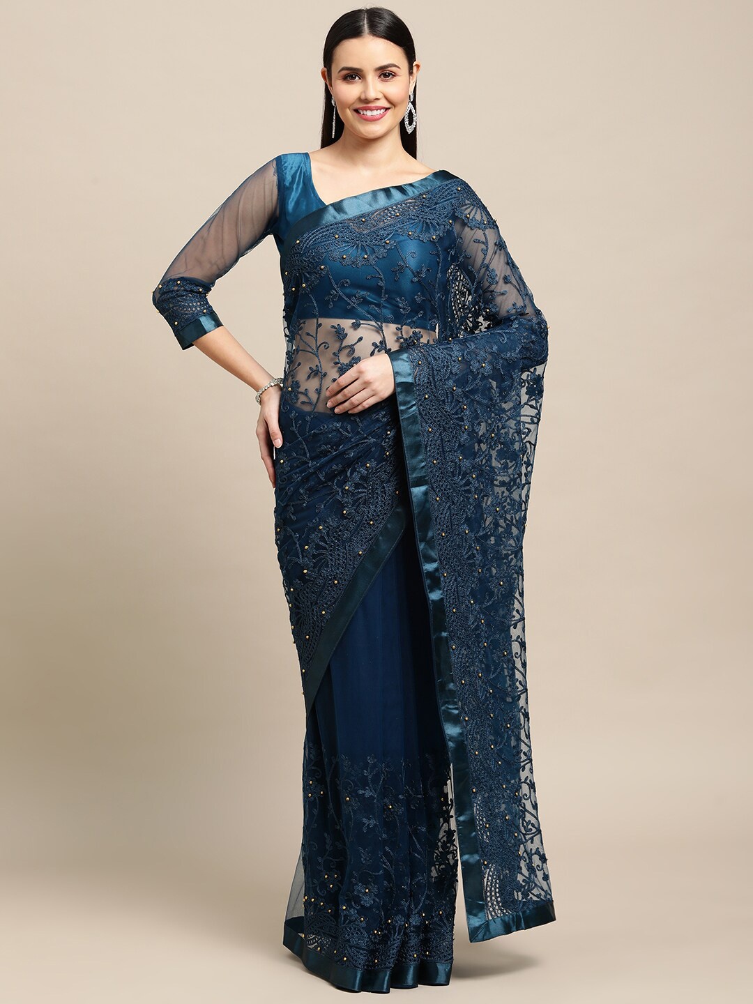 Warthy Ent Floral Embroidered Net Heavy Work Saree, Turquoise blue